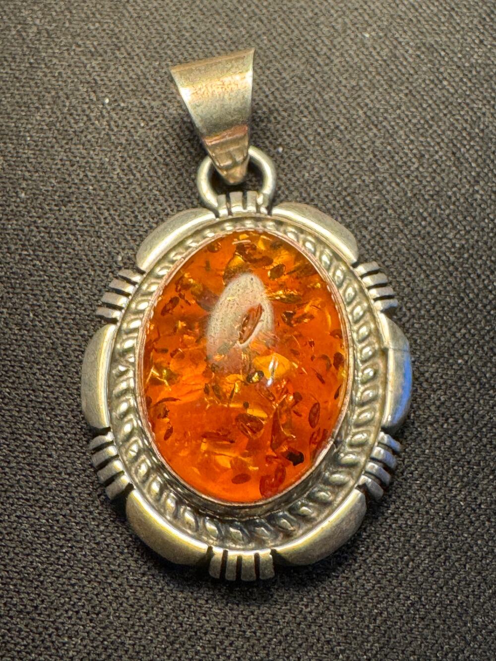 Native 925 Sterling Silver Amber Pendant